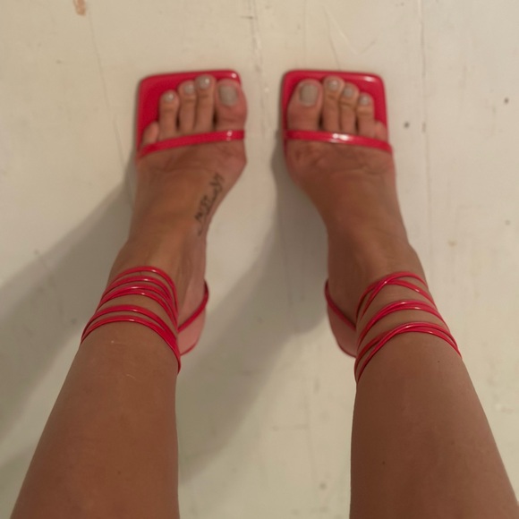 Red Patent Leather Open Toe Strap Heels - Picture 9 of 10